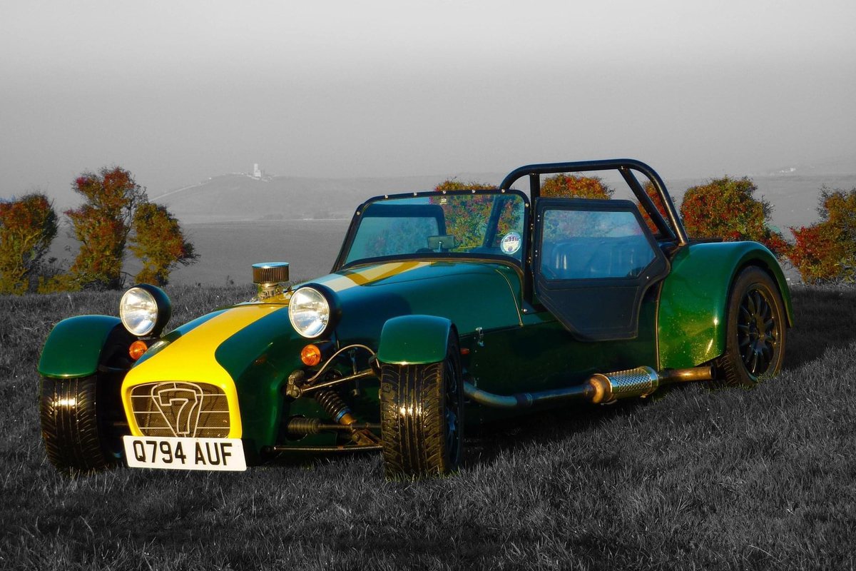 The Locost James built, in green and yellow, on the Sussex downs