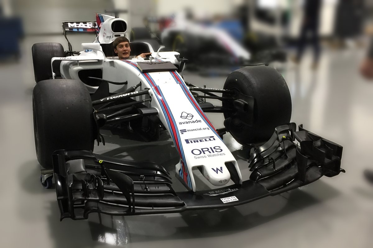 Williams Formula 1 car in Martini livery in the factory